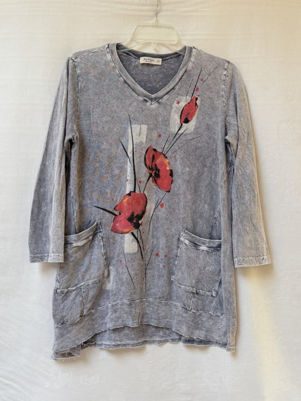 Jess & Jane Womens Sm Mineral Wash Long Tunic Top Floral Pocket Lagenlook Boho